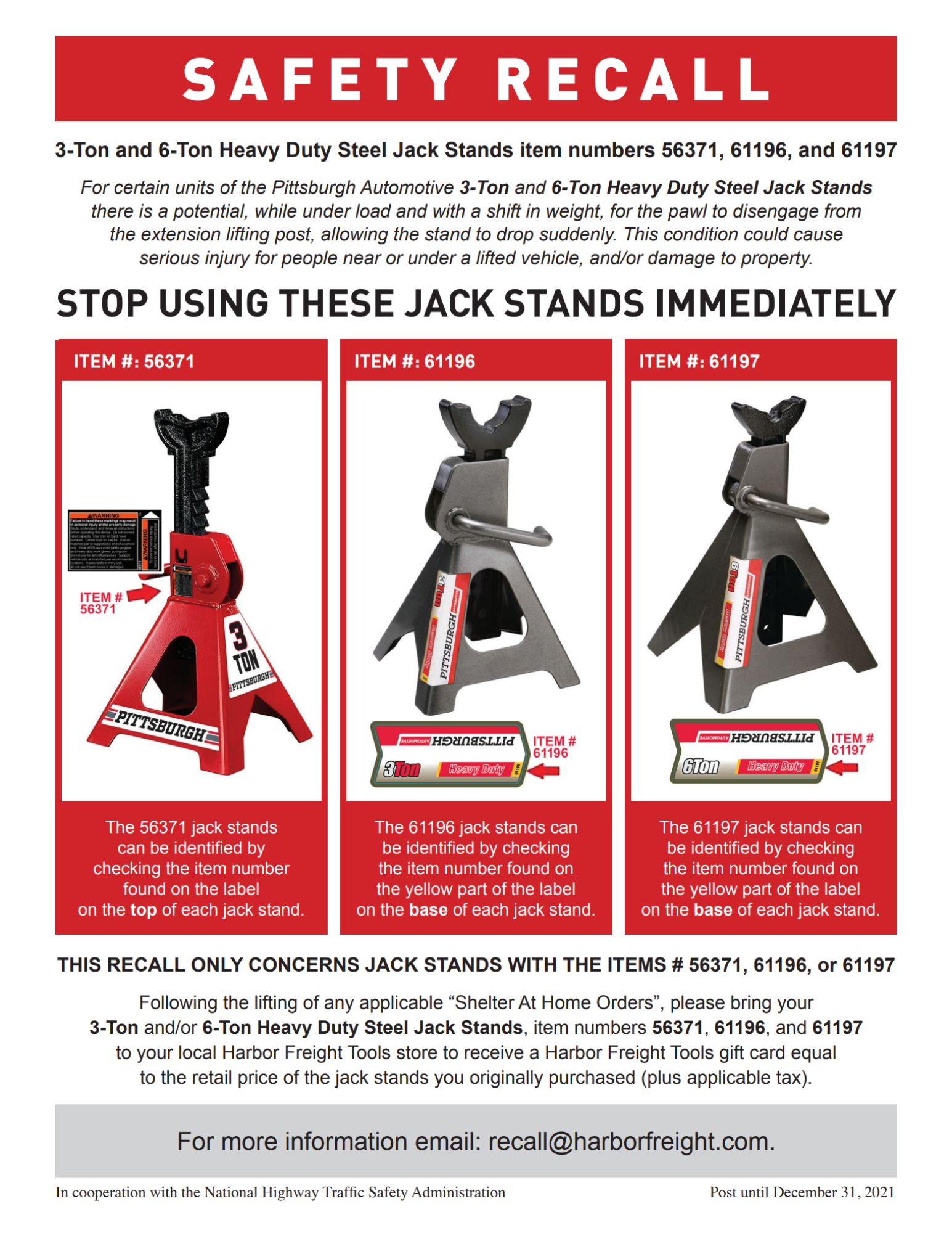 Harbor Freight Jack Stand Recall Notice